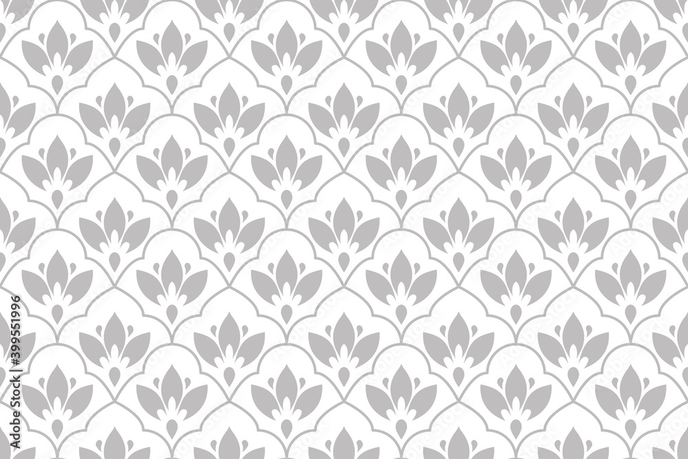Flower geometric pattern. Seamless vector background. White and gray ornament. Ornament for fabric, wallpaper, packaging. Decorative print. Flower geometric pattern. Seamless vector background. White and gray ornament. Ornament for fabric, wallpaper, packaging. Decorative print.