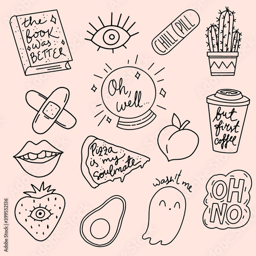 Isolated vector clip art doodle patches stickers or pins n 80's 90's style. Cool line art illustrations avocado, coffee, cactus, chill pill, peach, book was better