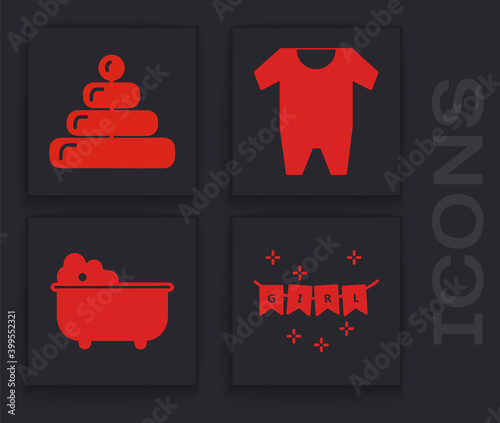 Set Carnival garland with flags, Pyramid toy, Baby clothes and Baby bathtub icon. Vector.