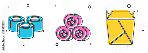Set Sushi, Sushi and Rstaurant opened take out box filled icon. Vector.