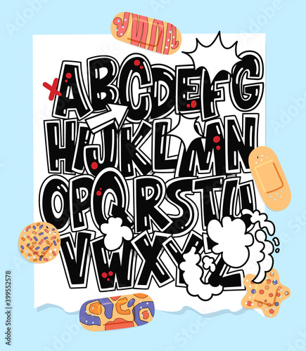 Bang font. Black alphabet letters and patches collage 