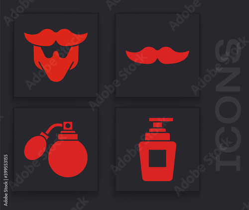 Set Bottle of shampoo, Mustache and beard, Mustache and Aftershave bottle with atomizer icon. Vector.