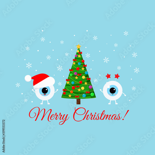 Cute eye with christmas tree on ophthalmology greeting card.  Winter eyeball emoji in santa hat and with star Merry Christmas photo props. Flat design cartoon style xmas vector illustration.