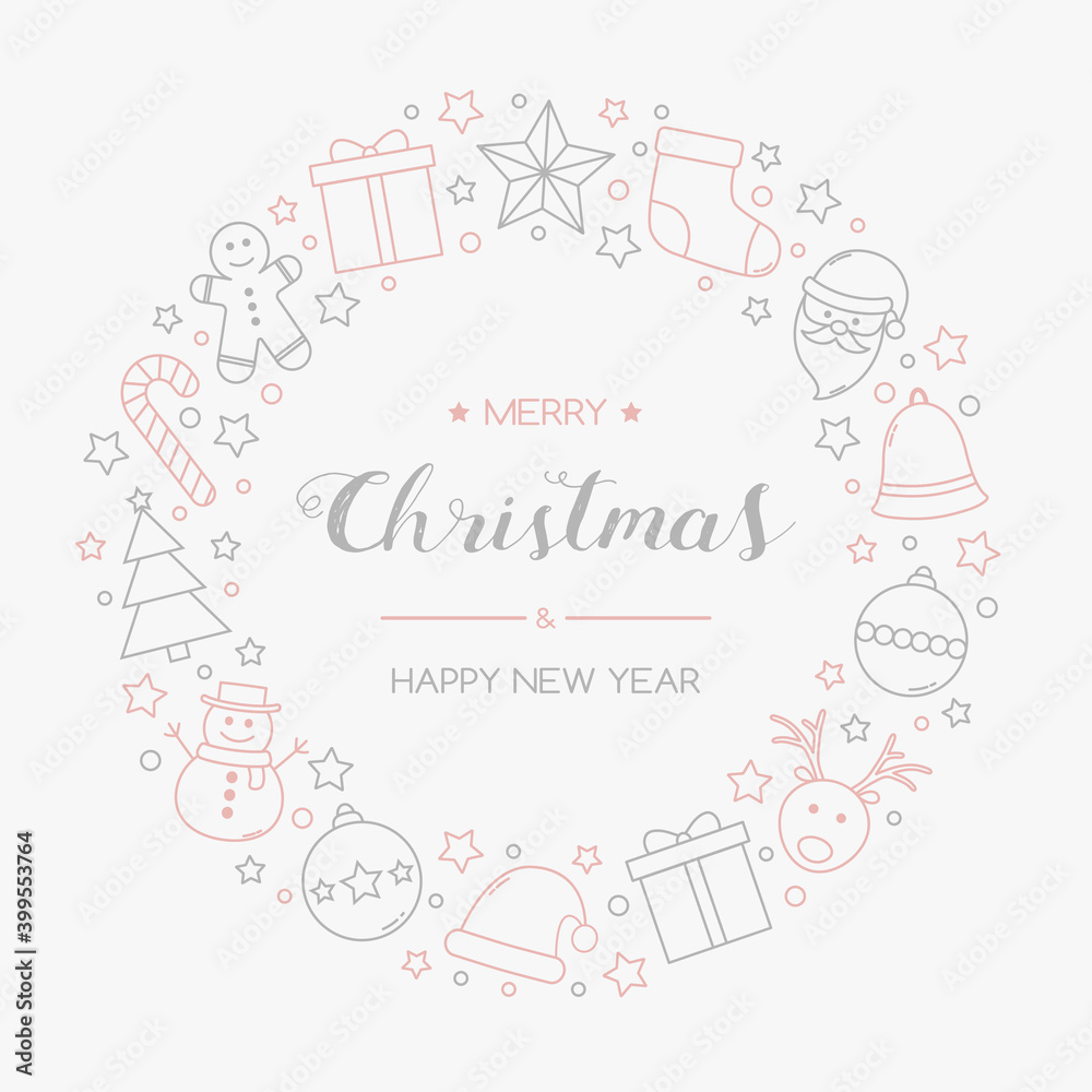 Fototapeta premium Christmas greeting card with wreath made of festive icons. Vector