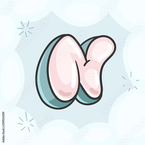 Cartoon pink bubble letter N. Vector kids illustration font