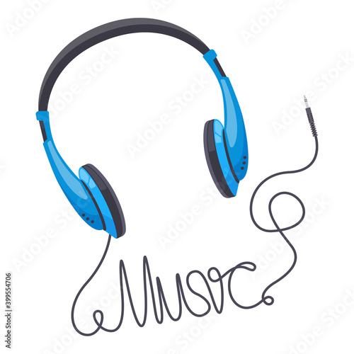 Headphones music concept. Wired earbud music stereo sound, music lettering word made from headphone wire. Audio music vector illustration. Earphone stereo, earbud wired, headset equipment