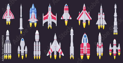 Spaceships vehicles. Space rocket, flying aerospace shuttle, spacecraft ships and ufo ships. Space rocket vehicles vector illustration set. Spacecraft rocket launch, rocketship collection move