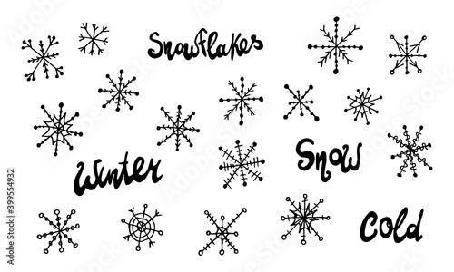 Snowflake simple doodle illusatration. Hand drawn snow element isolated on white background. Winter season  Christmas celebration