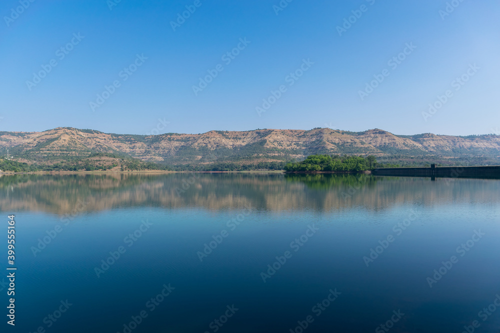Panoramic view of beautiful Panshet dam located in Pune, Maharashtra, India