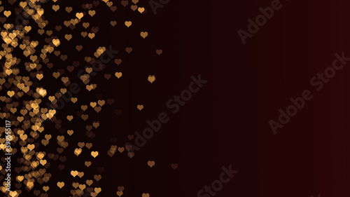 Golden bokeh hearts lights on black background, overlay for graphic editor. Valentines day card concept with copy space.