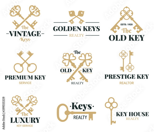 Old keys emblems. Vintage door keys labels, real estate agency or key service vector symbols set. Retro keys company logos. Illustration key service to open door, company logo