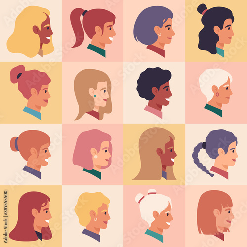 Female profile faces. Women portraits, various nationality, brunette, blonde, redhead female characters. Girls avatars vector illustration set. Female character profile, people casual avatar