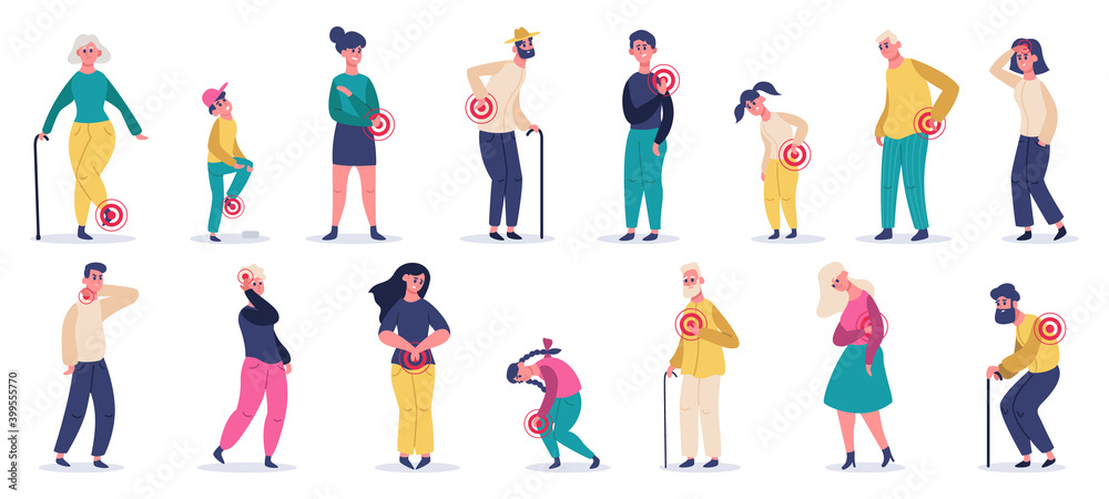 People suffering from pain. Adult, elderly and children characters in stomach ache, headache, back pain. Patients in pain vector illustrations. Headache pain, hurt and suffering People suffering from pain. Adult, elderly and children characters in stomach ache, headache, back pain. Patients in pain vector illustrations. Headache pain, hurt and suffering