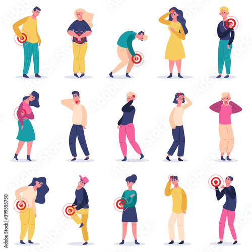 People in pain. Suffering from pain male and female characters, headache, stomach, spine back pain. Painful areas vector illustrations. Male and female pain, headache and painful
