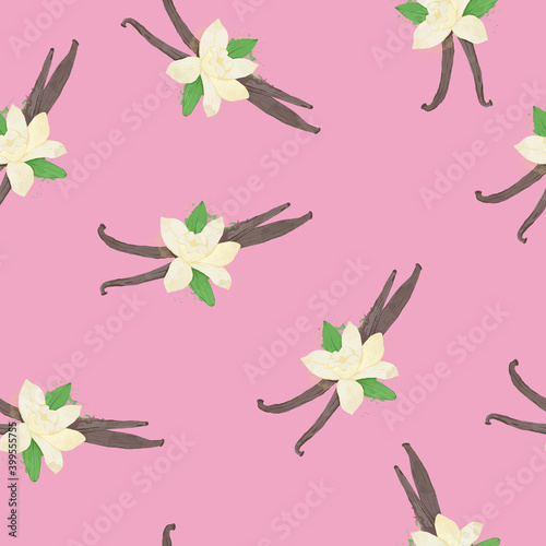 Seamless pattern of Dried vanilla sticks and orchid flower with watercolour style. Floral bouquet pattern with small flowers and leaves, Elegant template for fashion prints