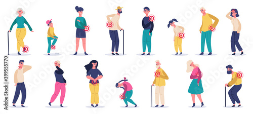 People suffering from pain. Adult, elderly and children characters in stomach ache, headache, back pain. Patients in pain vector illustrations. Headache pain, hurt and suffering