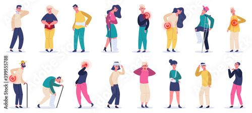 Injured people. Adult characters suffering from pain, injuries and aches, fractures and head injuries. Sick people vector illustration set. Injured head and back, backache and neck