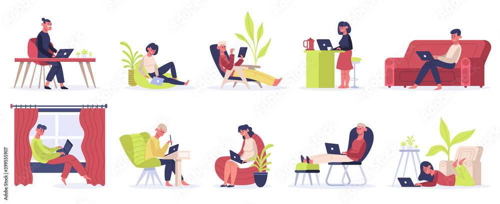 Naklejka premium Freelance working people. Young male and female freelancers work at home. Self employed convenient workplace vector illustration set. People work, woman at laptop, character freelance
