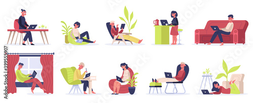 Freelance working people. Young male and female freelancers work at home. Self employed convenient workplace vector illustration set. People work, woman at laptop, character freelance