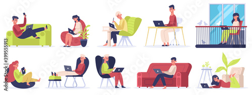 Freelance workers. People working on laptops and computers from home, comfortable freelance workplace. Self employed vector illustration set. Comfortable isolation, workspace cozy using at workplace