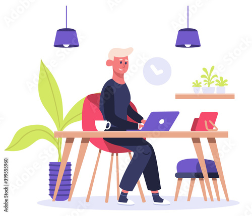 Freelance worker. Man works on laptop at home, male freelance character, convenient home office workplace. Working from home vector illustration. Freelancer at workspace, professional modern office