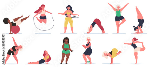 Body positive fitness. Plus size girls do yoga, work out training and stretching. Active plus size women healthy vector illustration set. Body fitness, plus size overweight, lady diversity pose