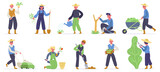 Gardening characters. Farm workers, gardener planting, watering and gathering agriculture plants and green. Gardener work vector illustration. Farm worker gardening and planting, gathering and farming