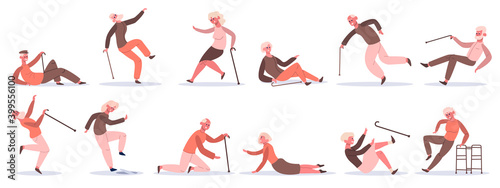Falling elderly characters. Old people stumble and slip, retired characters falling down. Dangerous traumatic accident vector illustration set
