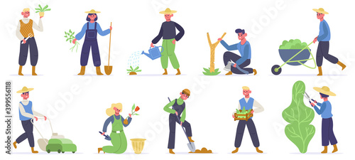 Gardening characters. Farm workers  gardener planting  watering and gathering agriculture plants and green. Gardener work vector illustration. Farm worker gardening and planting  gathering and farming