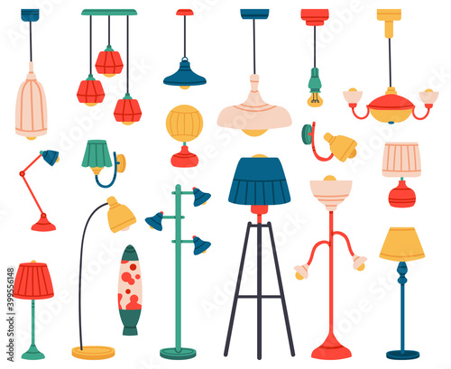 Home light. Interior lamps, ceiling lamps, pendant, reading lamp, spotlight and floor lamp. Indoor lighting vector illustration set. Electric lamp home, indoor chandelier contemporary photo