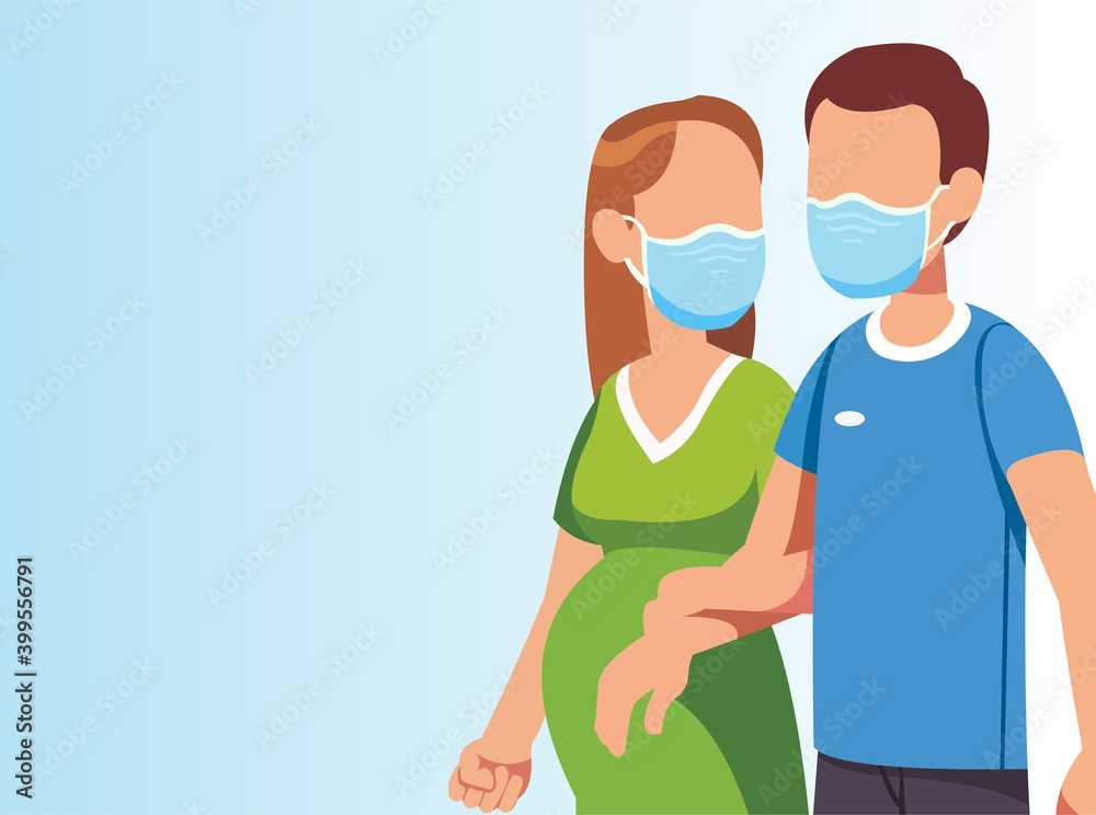Vector of pregnant wife holding hands with her husband while wearing masks in pandemic situation Vector of pregnant wife holding hands with her husband while wearing masks in pandemic situation
