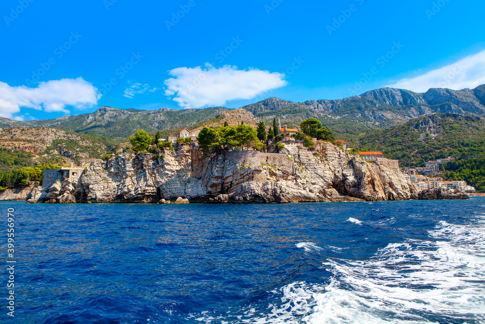 Montenegro Sveti Stefan island view from the sea .  Adriatic Sea Coast 