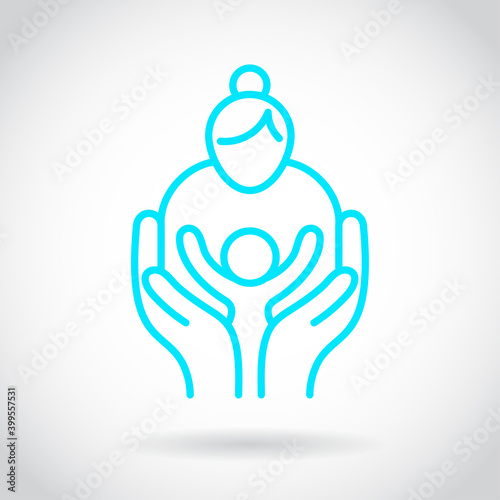 Life insurance icon illustration isolated vector sign symbol. Mother, baby and hand icon blue. Maternity and family safety concept.