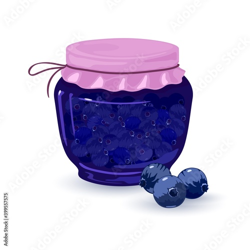Glass jar with vitaminized fruit jelly, dessert, sweet snack, homemade confiture. Vector whole sugar berries, delicious food, summer harvest design isolated on white background