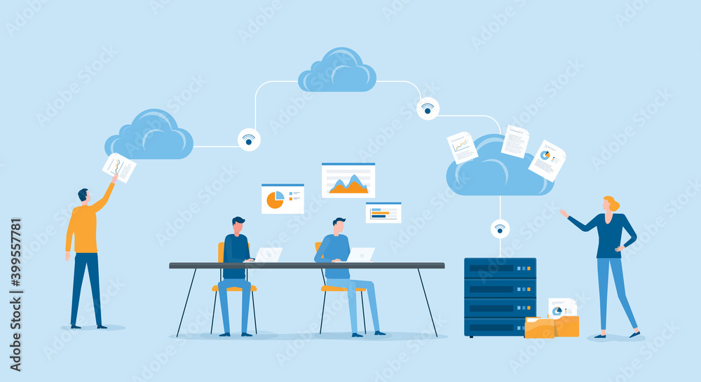 flat vector illustration business technology cloud computing service concept and with developer team working and meeting concept - obrazy, fototapety, plakaty 