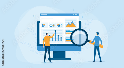 flat vector business people working for data analytics and monitoring on web report dashboard monitor and business finance investment concept photo