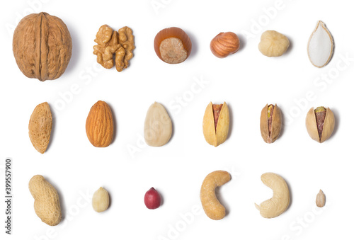 Different types of nuts in composition isolated on white in studio