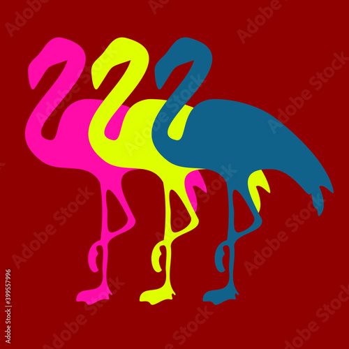 Three colorful flamingos in row. Blue, yellow and pink one over red background. Bright design. Flat and minimalist.