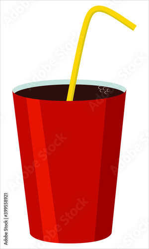 Vector image of a bright red cup with a carbonated drink. A glass of soda and a drinking tube. Drawing in a flat style.