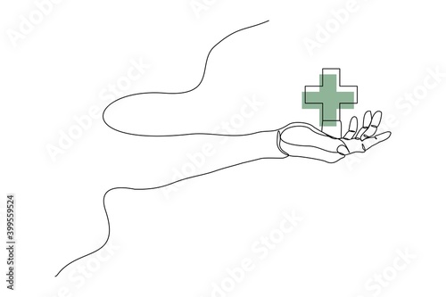 Continuous line drawing of palm hand holding medical cross. Vector illustration