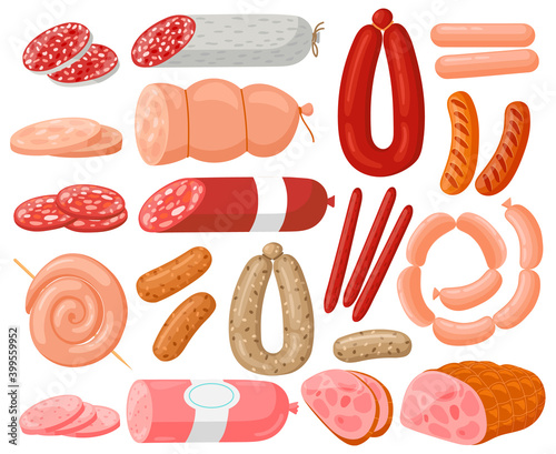 Meat sausages. Cartoon chicken, pork, beef sausages and salami sausages, grocery meat hot dogs. Sausages assortment vector illustration set. Ingredient slice, cooking salami, barbecue delicatessen