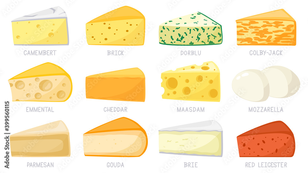 Cartoon cheese types. Cheese triangles, cheddar, brie, mozzarella