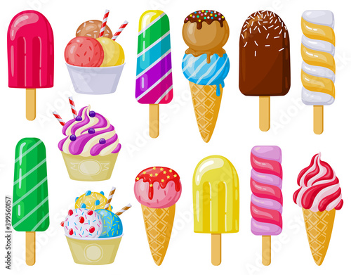 Cartoon ice cream. Delicious ice cream cones, lolly ice, fruit ice and gelato, sundaes tasty summer dessert. Ice cream vector illustration set. Ice cream in cone, waffle and delicious tasty