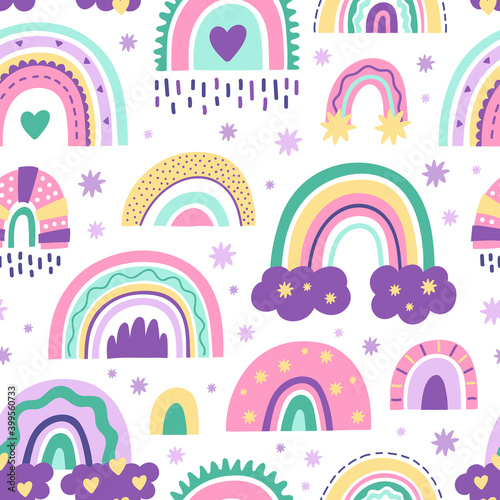 Cute nursery rainbow pattern. Doodle childish seamless pattern, scandinavian rainbow. Kids nursery rainbows vector background illustration. Rainbow childish pattern scandinavian, seamless background