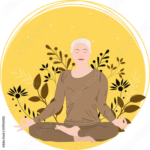 Senior woman meditates while sitting in the lotus position. Yoga for the elderly. Bright yellow floral background. Flat vector illustration.