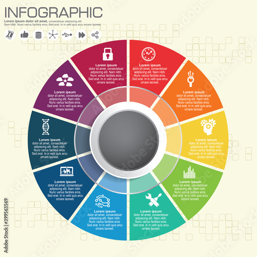 Infographics step by step. Pie chart, graph, diagram with 10 steps, options, parts, processes with straight cuts on the edges. Vector business template in blue and yellow for presentation.