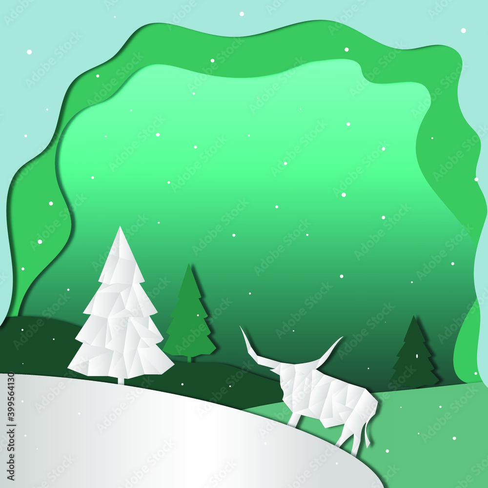 New Year card with the effect of cutting out of paper in gray and green shades. White metal bull symbol of 2021. Vector illustration.
