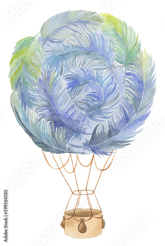 Colorful fantasy fairytale feather air hot balloon painted in watercolor isolated on white background