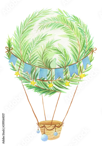 Colorful fantasy fairytale air hot balloon made of Christmas tree branches painted in watercolor isolated on white background