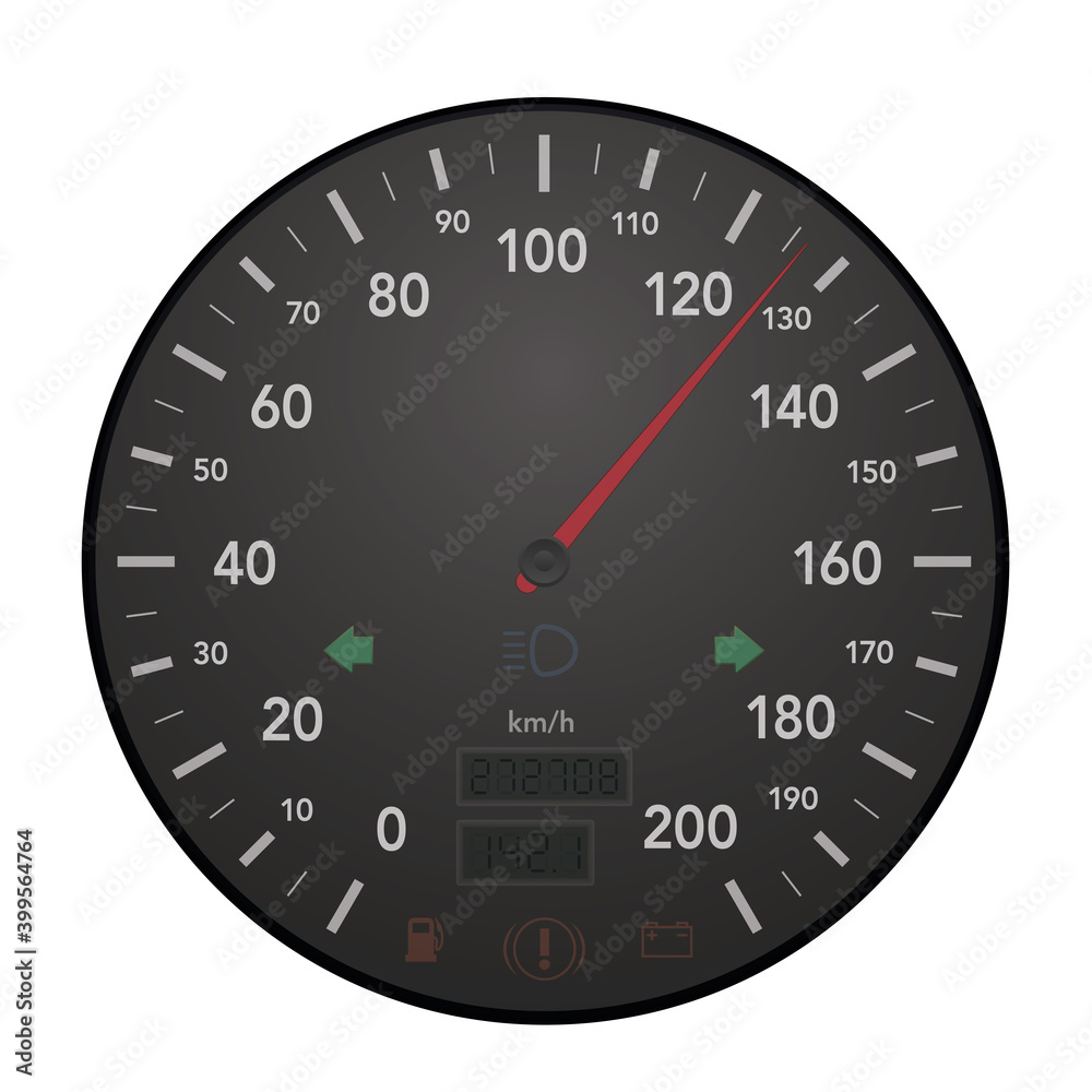 Speedo meter, full throttle, car cockpit display with scale from zero to 200 kmh. Speedometer with warning lights, red pointer, digital mileage, turn signal indicator. Isolated vector on white.
Speedo meter, full throttle, car cockpit display with scale from zero to 200 kmh. Speedometer with warning lights, red pointer, digital mileage, turn signal indicator. Isolated vector on white.